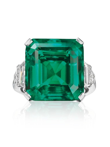 The Rockefeller Emerald a rare and historic emerald and diamond ring, by Raymond Yard. Sold for $5,511,500 on 20 June 2017 at Christie’s in New York