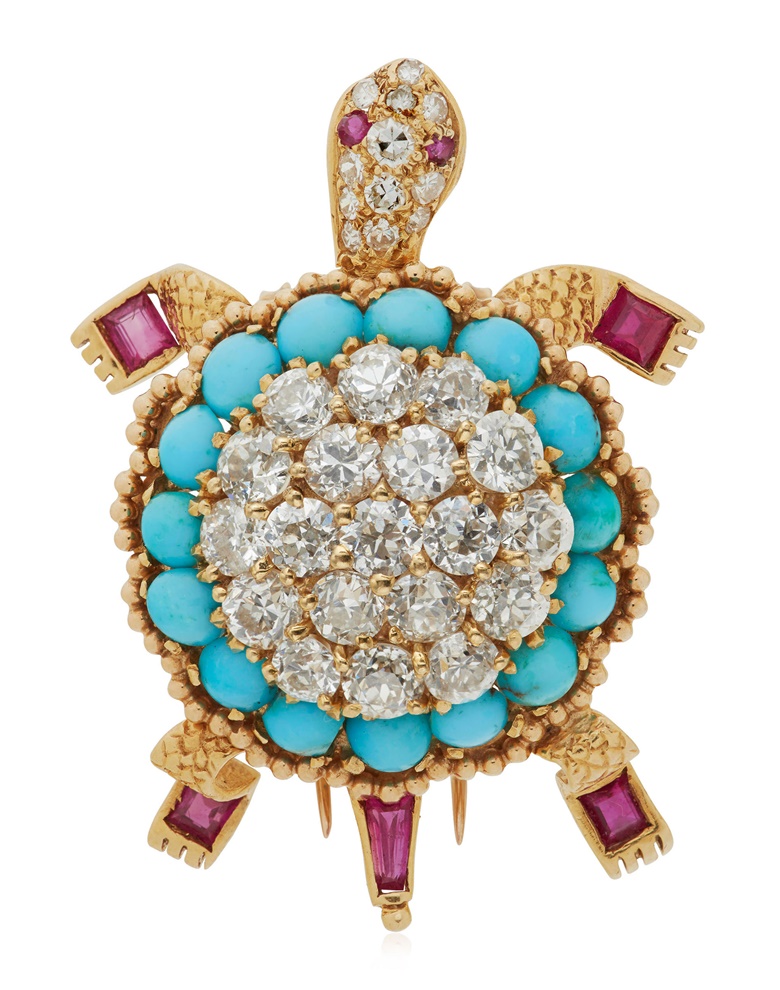 Diamond, turquoise and ruby Turtle brooch, Van Cleef & Arpels. Sold $13,750 for on 6 December 2018, Online