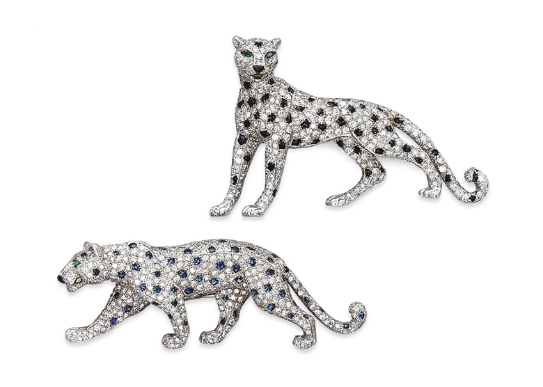 Two gem-set and diamond panther brooches, by Cartier. Sold for CHF 123,000 on 18 May 2011 at Christie’s in Geneva