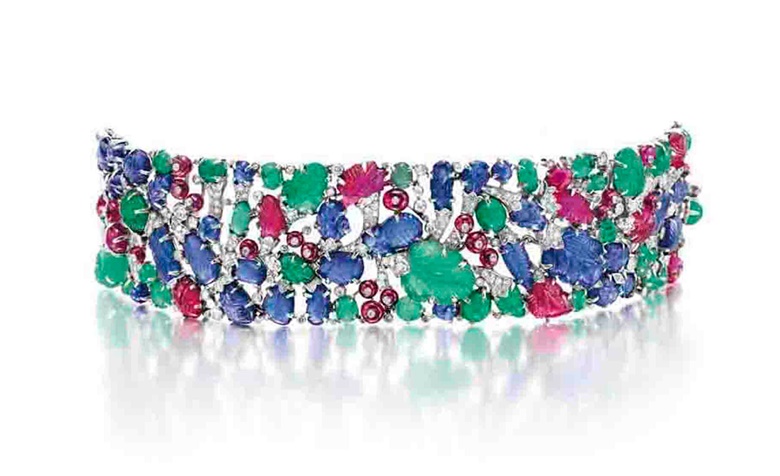 An Art Deco diamond and multi-gem Tutti Frutti bracelet, by Cartier. Sold for $962,500 on 18 October 2011 at Christie&rsquo;s in New York
