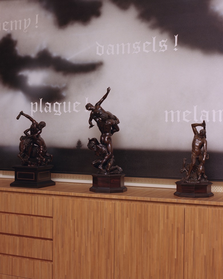 Detail of Ed Ruscha, Seventeenth Century, 1988, with, from left Antonio Susini, Hercules Slaying a Centaur, circa 1600-10, and Rape of a Sabine, circa 1585; and Antonio and Gianfrancesco Susini, Hercules and the Hydra, circa 1614-24. Artwork © Ed Ruscha