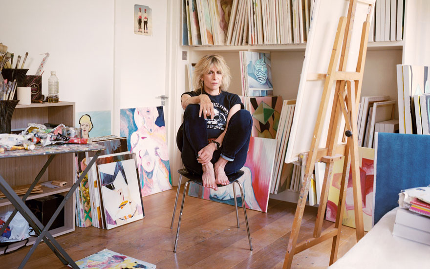 Chrissie Hynde in her studio, surrounded by her paintings. Artworks © Chrissie Hynde. All photographs by Gabby Laurent