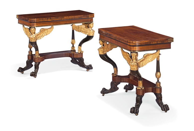 A pair of Classical rosewood carved and parcel-gilt card tables, New York, circa 1820. Estimate $30,000-50,000. To be offered in Important American Furniture, Folk Art, Silver and Prints on 17-18 January 2019 at Christie’s New York
