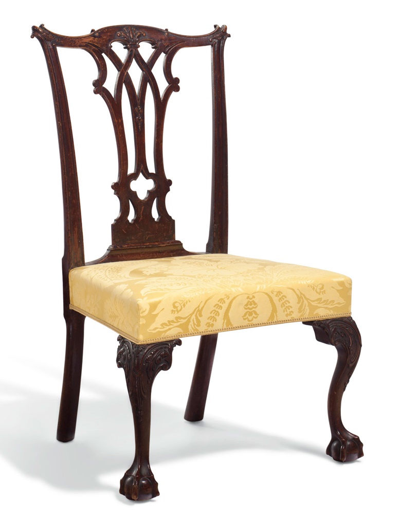 A Chippendale carved mahogany over-upholstered side chair. The carving attributed to John Pollard (1740-1787), possibly made in the shop of Benjamin Randolph (1737-1791), Philadelphia, circa 1770. Estimate $50,000-100,000. To be offered in Important American Furniture, Folk Art, Silver and Prints on 17-18 January 2019 at Christie’s New York