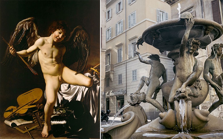 From left Caravaggio (Michelangelo da Merisi), Cupid as Victor (Amor vincit omnia), circa 1602. Oil on canvas. 156.5 x 113.3 cm. Gemaeldegalerie — Staatliche Museen zu Berlin. Photo Scala, Florence  bpk, Bildagentur für Kunst, Kultur und Geschichte, Berlin. © 2019. Photographer Joerg P. Anders. One of Toby Glanville’s photographs of Fontana delle Tartarughe in Piazza Mattei,