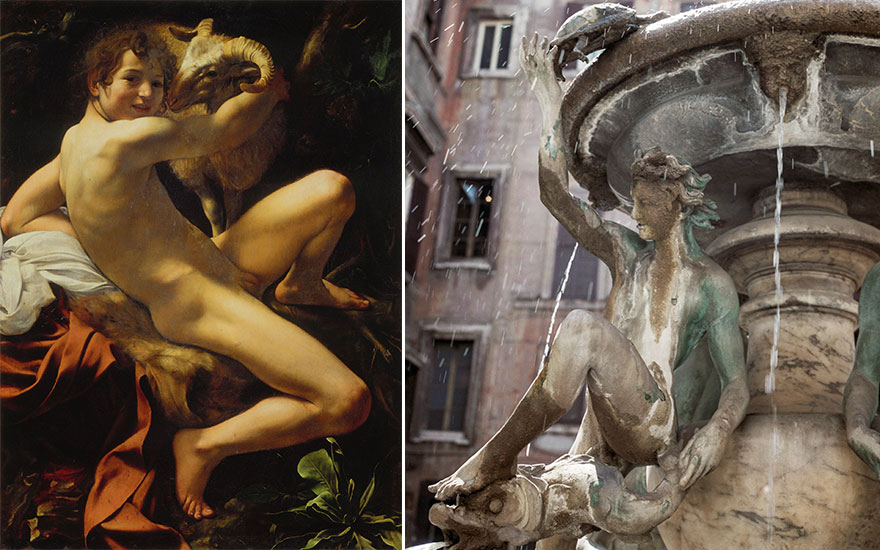 From left Caravaggio (Michelangelo da Merisi), John the Baptist, circa 1602. Oil on canvas. 129 cm x 95 cm. Musei Capitolini, Rome. Photo Scala, Florence. Taddeo Landini’s figures on the Turtle