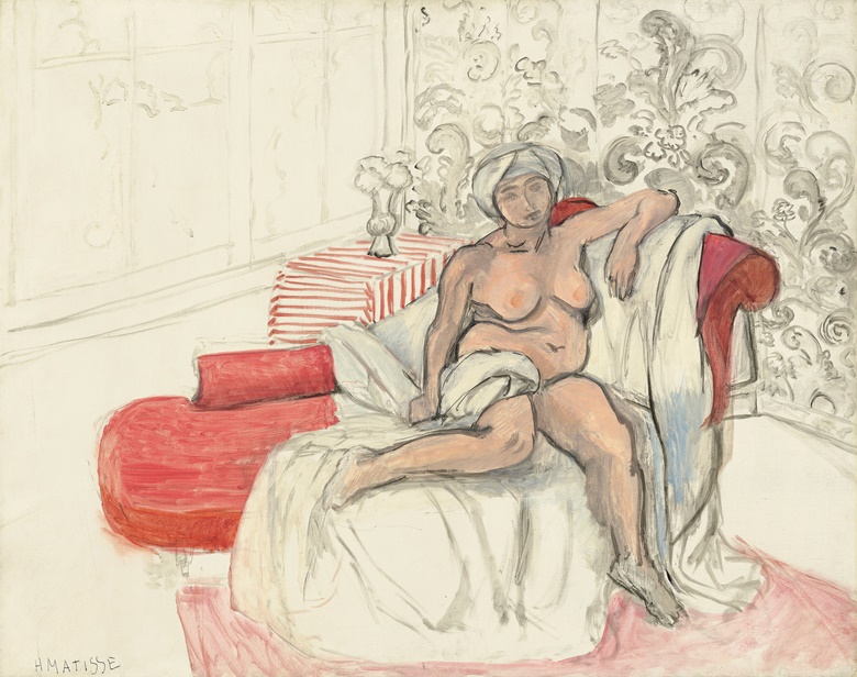 亨利‧马蒂斯，《睡椅上的裸女》，1920年作。油彩 画布。28¾ x 36¼ 吋（73 x 92.1公分）。估价：1,500,000-3,000,000英镑。此拍品于2月27日佳士得伦敦隐世异彩：重要私人珍藏印象派及现代艺术杰作拍卖中呈献。