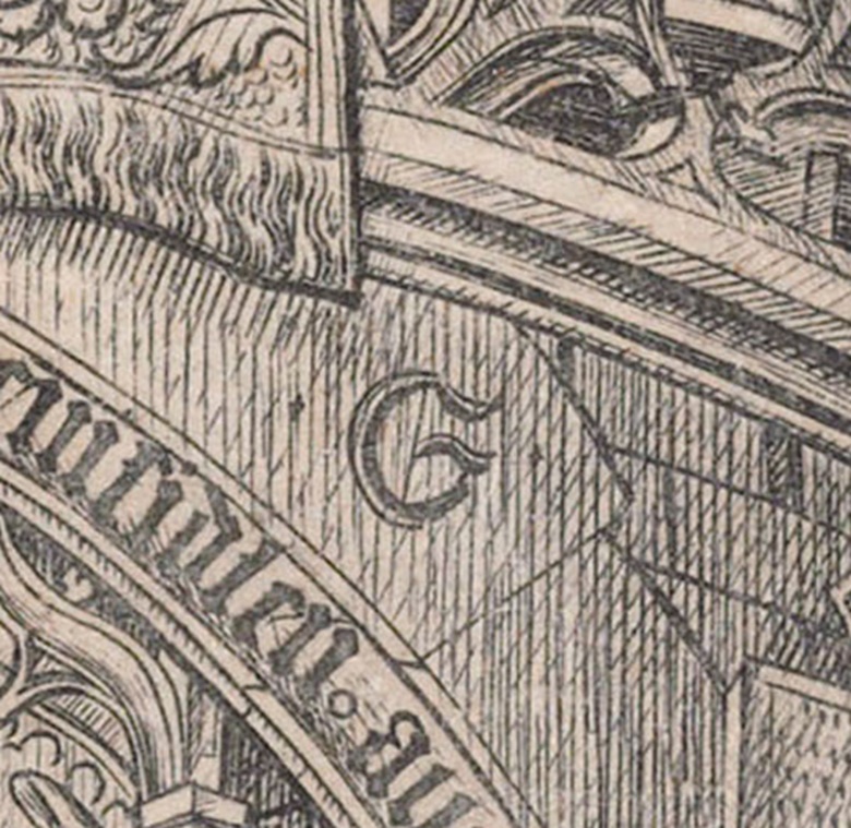 The Large Madonna of Einsiedeln, offered in New York on 29 January, is dated 1466 on the plate and inscribed with a capital E in Gothic script. Of the approximately 314 plates by this engraver known to us today, 18 bear a monogram in various versions of the letters E and S together or alone, in capitals or small letters