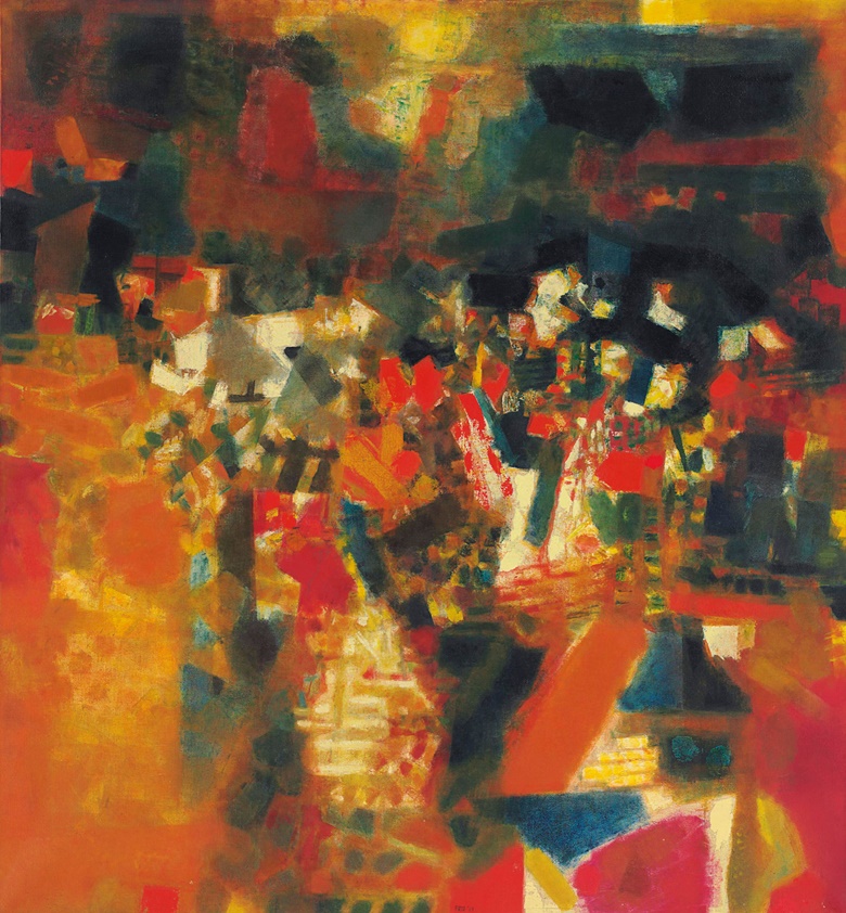 Sayed Haider Raza (1922-2016), Village en Fête, 1964. Oil on canvas. 81⅝ x 74⅞ in (207.3 x 190.2 cm). Sold for $1,859,750 on 20 March 2013 at Christie’s in New York. © 2021 Artists Rights Society (ARS), New York  DACS, London