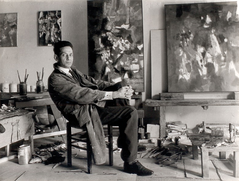 Sayed Haider Raza in his studio in Paris in the 1960s. Image courtesy The Raza Foundation. Artwork © 2021 Artists Rights Society (ARS), New York  DACS, London