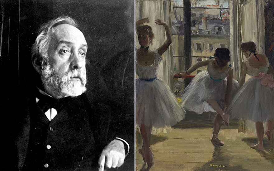 （由左至右）：艾德加·德加。相片：Roger-Viollet  Topfoto. 艾德加·德加（1834-1917），《练习室中的舞者（三位舞者）》，1873作。10 78 x 9吋（27.5 x 22.7公分）。2019年2月27日于佳士得伦敦印象派及现代艺术晚间拍卖售出，成交价4,178,750英镑