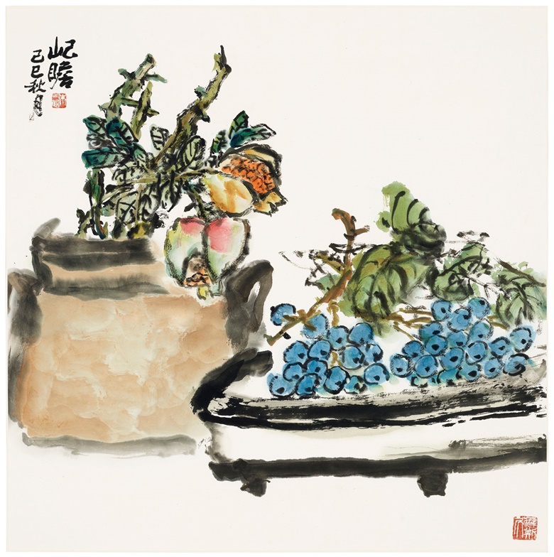 朱屺瞻（1892-1996），《石榴與葡萄》，1989年作。設色紙本、手卷 鏡框。27 x 27吋（69 x 69公分）。紐約水石軒收藏
