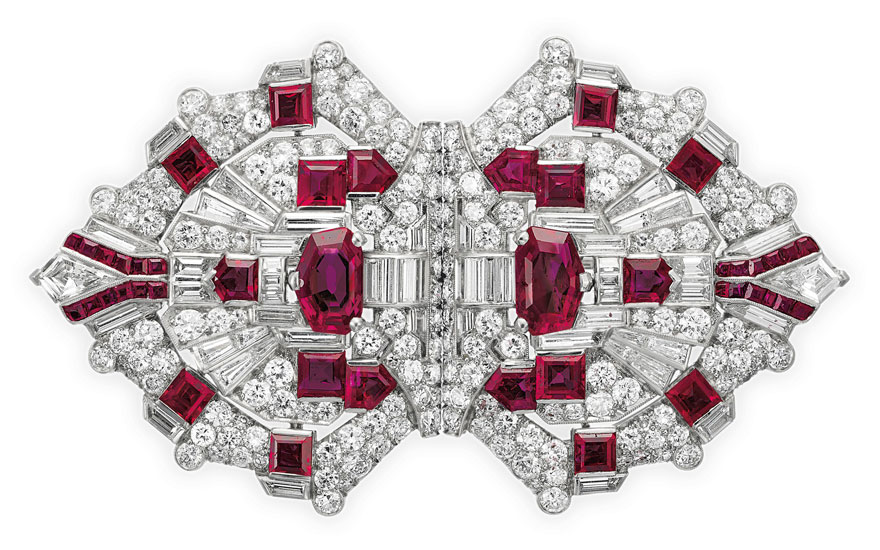 An Art Deco ruby and diamond double clip-brooch by Raymond Yard. Sold for $106,250 on 16 April 2019 at Christie’s in New York