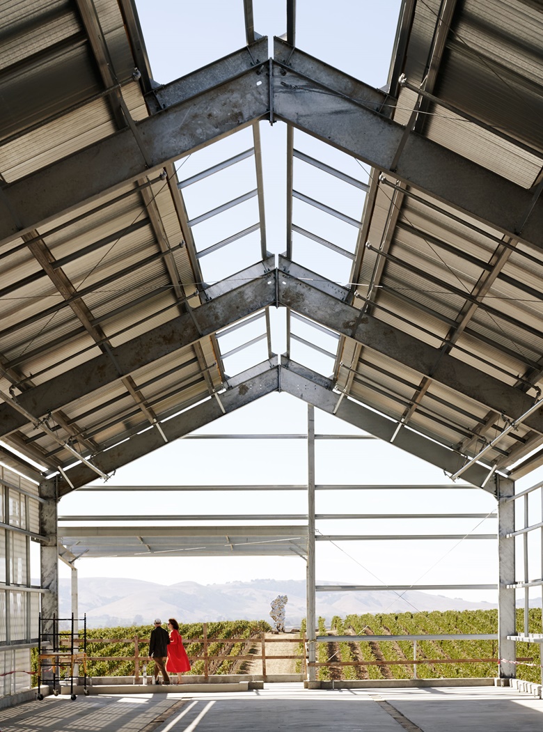 Allan and Mei Warburg on the Donum estate with Zhan Wang’s Artificial Rock No. 126 (2007-13) rising from the vines. Artwork © Zhan Wang