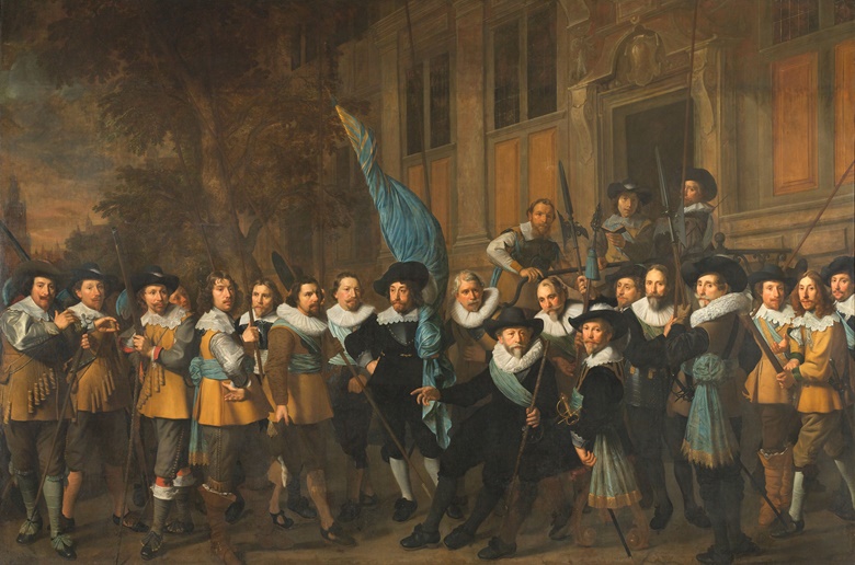 Nicolaes Eliasz Pickenoy, Officers and other Civic Guardsmen of the IV District of Amsterdam, under the Command of Captain Jan Claesz van Vlooswijck and Lieutenant Gerrit Hudde, 1642. Oil on canvas, 340 cm × 527 cm. Rijksmuseum, Amsterdam. On loan from the City of Amsterdam. Photo Courtesy Rijksmuseum, Amsterdam