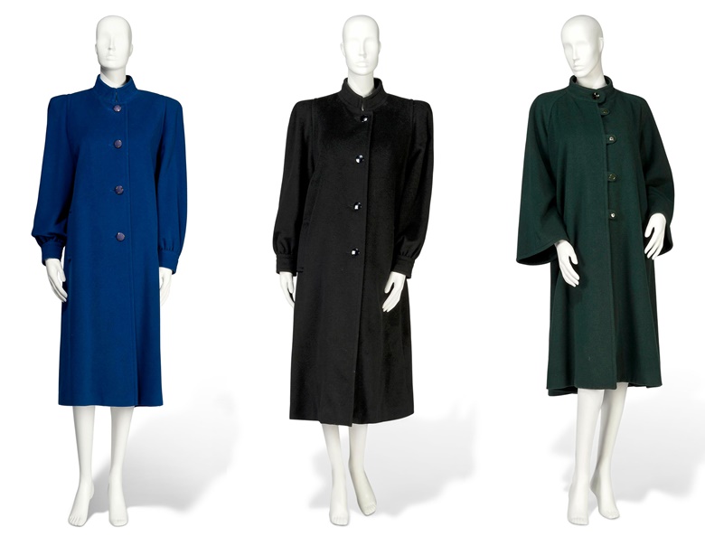 Three winter coats and a pair of high boots, Aquascutum and Jean Muir and Rayne. The first coat is of thick black wool, mandarin collar and glossy black buttons; with black waterproof grosgrain boots; the second is of cornflower blue wool with gilt-trimmed buttons; the third is of bottle-green wool, all bell-shaped and with mandarin collars and slit pockets. Estimate £600-900. Offered in
Mrs