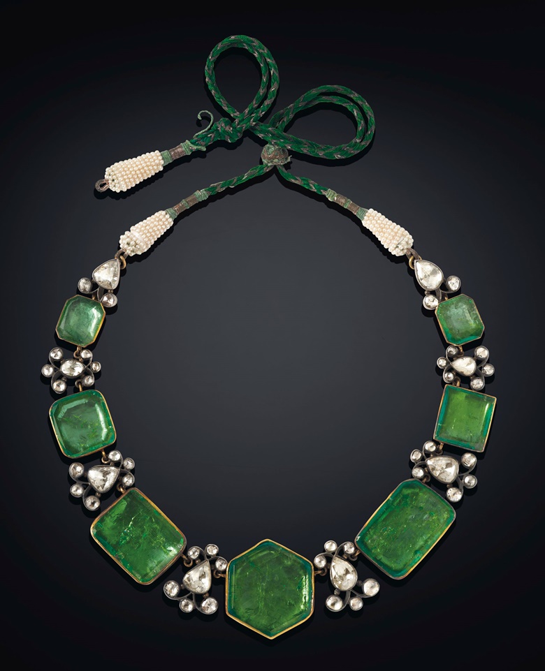 An emerald, diamond and seed pearl necklace, Colombian emeralds, mid- to late-19th century