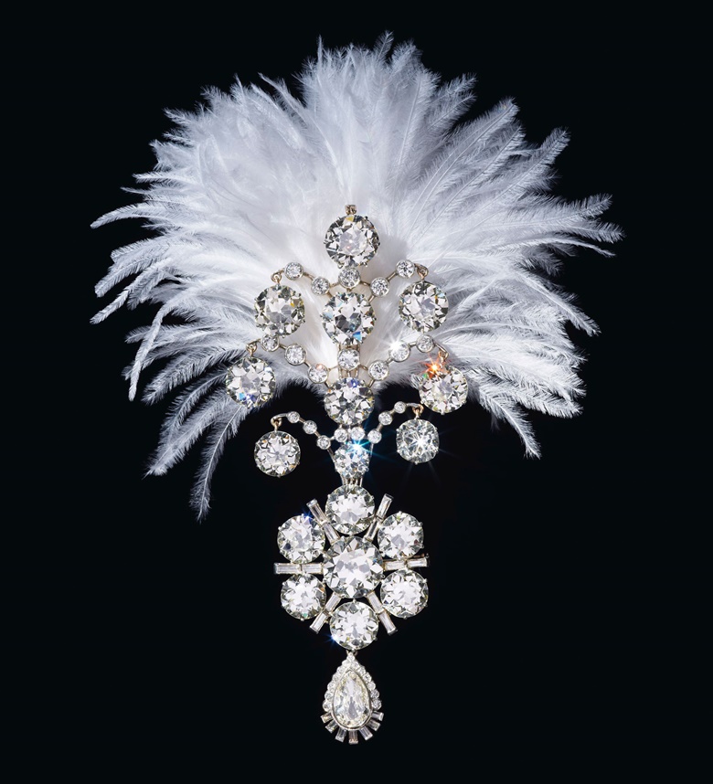 Belle Époque diamond jigha, 1907 and remodelled circa 1935. The turban ornament set with old baguette and pear-shaped diamonds, white gold, fitted with plume holder on the reverse, lower portion detachable and may be worn as a brooch