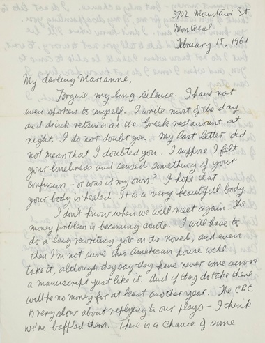 Leonard Cohen (1934-2016) Write me and tell me your heart, Montreal, 15 February 1961. Two pages, 277 x 215mm (a touch of minor soiling). Sold for $20,000 in Write Me and Tell Me Your Heart Leonard Cohen’s Letters to Marianne, Online Only, 5-13 June 2019.