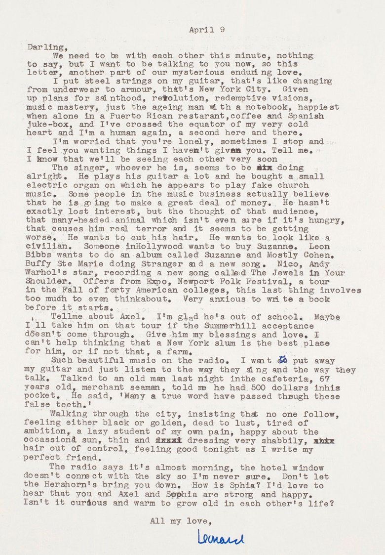 Leonard Cohen (1934-2016), Bleeker Street and Nico, New York, 9 April 1967. One page, 280 x 215mm; with transmittal envelope addressed to “Mrs Marianne Ihlen Cohen”. Sold for $21,250 in Write Me and Tell Me Your Heart Leonard Cohen’s Letters to Marianne, Online Only, 5-13 June 2019.