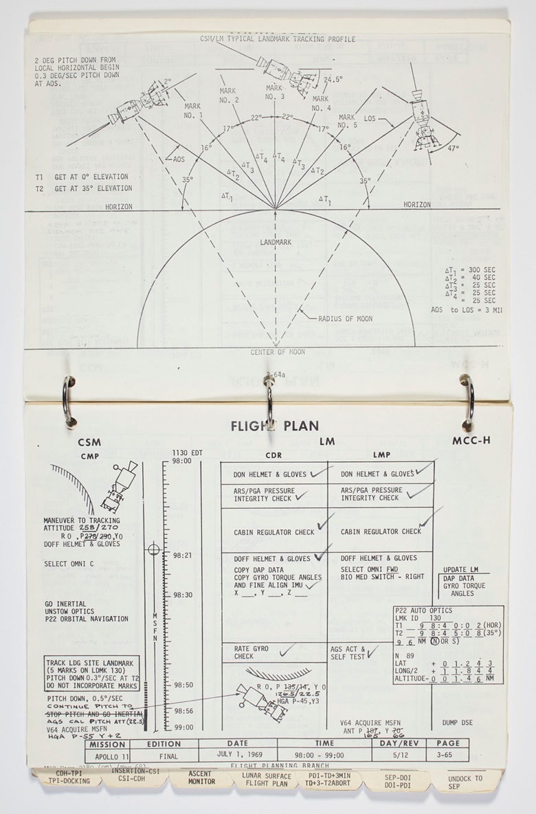 Apollo 11 Lunar Module Timeline Book. [Houston] Manned Spacecraft Center, Flight Planning Branch, June 19-July 12, 1969. Flown aboard the Lunar Module Eagle and annotated by Neil Armstrong and Buzz Aldrin as they landed on the moon