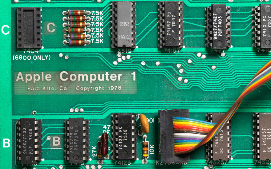 Detail of the mainboard of the Apple-1 — one of the first batch issued in April 1976 — offered online, 16-23 May. The second batch features an NTI logo