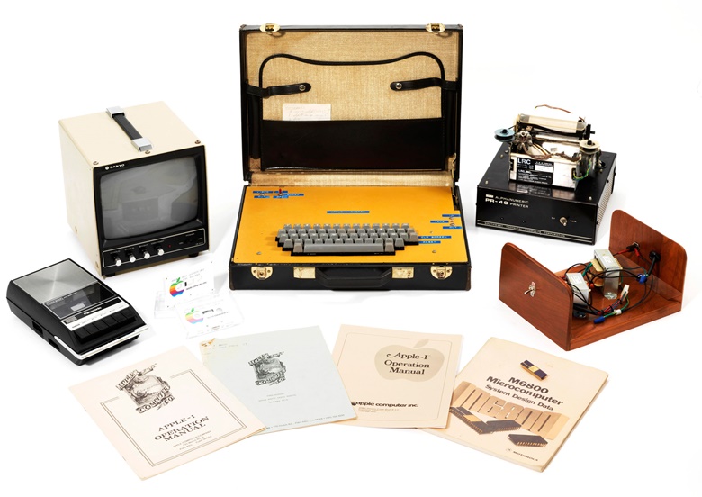 An Apple-1 personal computer, Palo Alto, 1976, housed in a briefcase (44.5 x 37 x 10 cm). The motherboard labelled Apple Computer 1 Palo Alto Ca. Copyright 1976 on obverse with four rows A-D, and columns 1-18, white ceramic MOS Technologies 6502 microprocessor, 8K bytes RAM in 16-pin 4K memory chips; modified cassette interface card; Datanetics keyboard supported on aluminium; green Preliminary