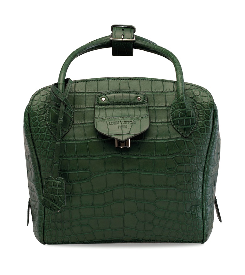 Theluxinbox A custom matte dark green niloticus crocodile Haute Maroquinerie Milaris GM with silver hardware, Louis Vuitton, 2000s. 28 w x 24.5 h x 17.5 d cm