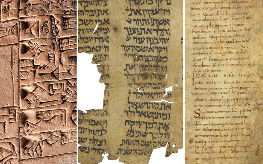 (Left to right) A Mesopotamian proto-cuneiform clay tablet with account of monthly rations, Late Uruk period, circa 3100-3000 BC. Estimate £20,000-30,000; Bible, Genesis, in Hebrew,