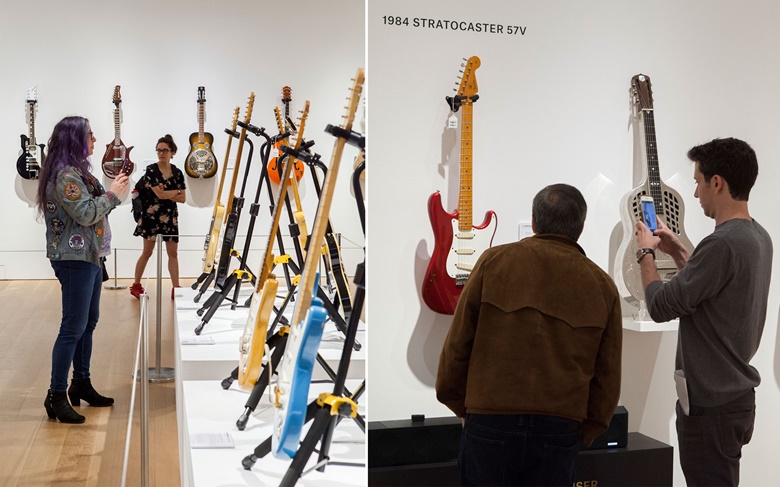 Fans view David Gilmour’s guitars at Christie’s Rockefeller Center HQ in New York