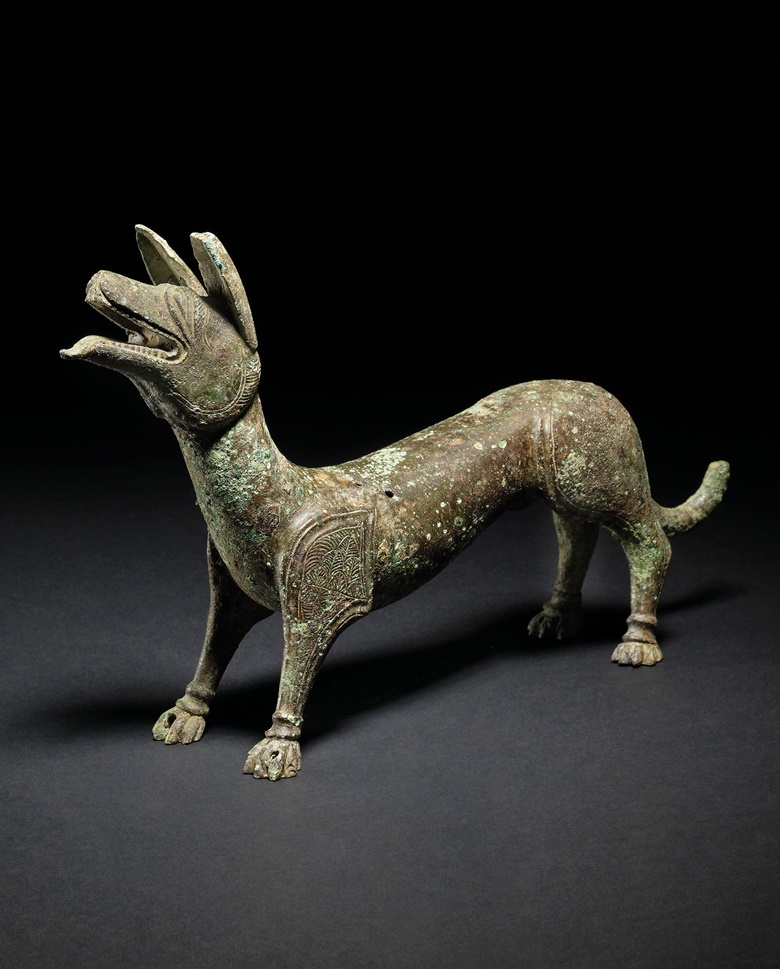 A Romano-British bronze dog, circa 4th century AD. 5¼  in (13.4  cm) high; 8½  in (21.4  cm) long. Sold for £137,500 in Antiquities on 3 July 2019 at Christie’s in London