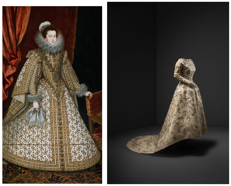 （左）Rodrigo de Villandrando (1588-1623)，《腓力四世的妻子波旁的伊莎贝尔》，约1620年作，油彩 画布，201 x 115公分。马德里普拉多博物馆。© 普拉多博物馆照片珍藏（右）克里斯托巴尔·巴伦西亚加（1895-1972）婚纱，缀以银色刺绣的山东丝绸。赫塔里亚克里斯托巴尔·巴伦西亚加博物馆。© Museo Cristóbal Balenciaga © Jon Cazenave