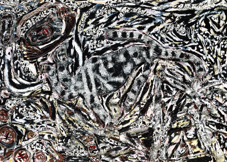 桑顿·蒂亚尔（1928-2016），《马丁·路德·金的最后一天》，1992年作。木材 地毯 绳索编毯 金属网板 金属煎锅 碎玻璃 扫帚。80 x 113½ x 4½吋。© Estate of Thornton DialArtists Rights Society (ARS), New York. 费城艺术博物馆馆藏，原为威廉·阿奈特（William S. Arnett）珍藏 ，由灵魂深处基金会（Souls Grown Deep Foundation ）捐赠，2017年。照片：Gamma One Conversions