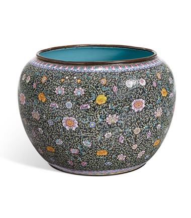 A chinese enamel-on-copper large jardiniere, Qing dynasty, 19th century. 24 in (60.9 cm) diameter. Estimate $2,000-3,000. Offered in Interiors on 21-22 August 2019 at Christie’s in New York