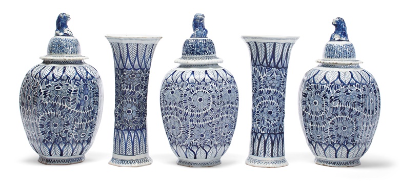 A Dutch delft blue and white five-vase garniture, Late 18th19th century, blue numerals. 17¼ in (43.8 cm) high, the tallest. Estimate $3,000-5,000. Offered in Interiors on 21-22 August 2019 at Christie’s in New York