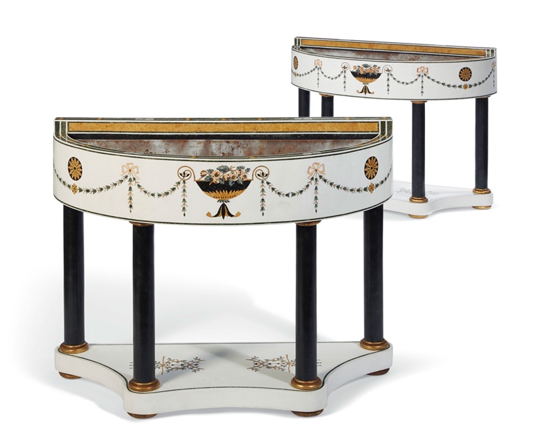 A pair of Italian inlaid marble D-form jardinieres, 20th century. 40¼ in (102.2 cm) high, 49¼ in (125 cm) wide, 20½ in (52.1 cm) deep. Estimate $5,000-8,000. Offered in Interiors on 21-22 August 2019 at Christie’s in New York