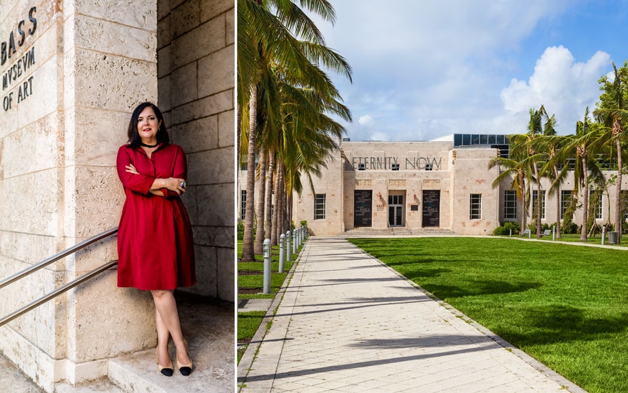 Silvia Cubiñá photographed by Nick Garcia. The Bass and Sylvie Fleury’s Eternity Now, 2015, viewed from Collins Park. Photo Zachary Balber. Courtesy of the The Bass, Miami Beach