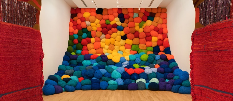 Installation view of Sheila Hicks, Escalade Beyond Chromatic Lands, 2016-17, currently on show at the museum. Photo Zachary Balber, courtesy of The Bass, Miami Beach