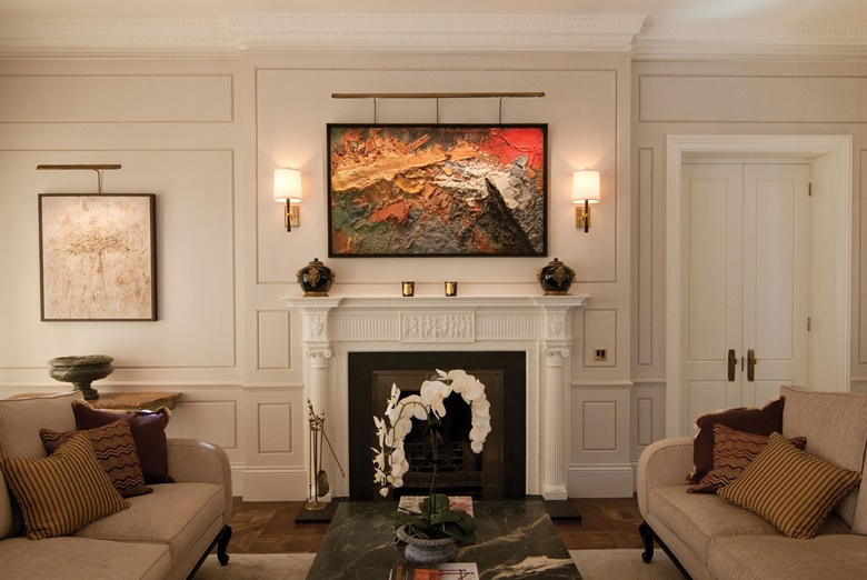 TM Lighting was commissioned to install Picture Lighting in a show flat in Knightsbridge. It was crucial that each artwork was shown in its best light, as it would be in a gallery. The company matched its picture lights to the antique brass finishes in the rest of the flat