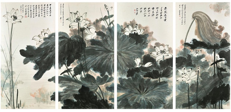通景屏：张大千　荷塘野趣。2013年5月27至28日于佳士得香港售出，成交价80,510,000港元