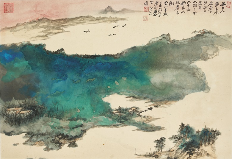 张大千，《太湖渔家》，设色纸本 镜框，64.5 x 95公分（25 ⅜ x 37 ⅜ 吋），1979年作。估价：7,000,000-12,000,000港元。将于2020年12月1日佳士得香港中国近现代及当代书画拍卖中呈献
