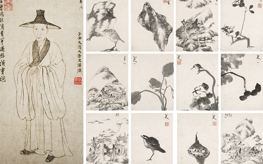 左起：八大山人肖像画（局部）水墨 纸本，一六七四年作。图片：The Picture Art Collection  Alamy Stock Photo；八大山人　山青水碧鸟语花香　水墨 纸本　册页十七开　一六九八年作。每页尺寸：29.5 x 21.9 公分（11⅔ x 8⅔吋）。2008年12月2日于佳士得香港售出，成交价34,260,000港元