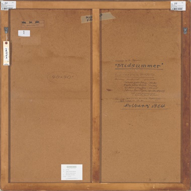 The reverse of Albers’ work showing several notes and labels