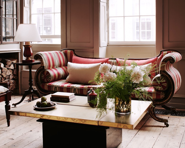 A regency parcel-gilt and simulated calamander sofa, early 19th century. Estimate: £1,500-2,500. An Italian brass and ebonised adjustable low table, c. 1970. Estimate: £1,200-1,800. Fourteen Fornasetti porcelain lidded jars, modern. Estimate: £500-800. A French brass-mounted red leather lamp, second half 20th century. Estimate: £1,200-1,800. A Regency black and red-japanned occasional table, c. 1815. Estimate: £2,000-4,000. Offered in the Interiors Including Posters on 11 September at Christie’s in London
