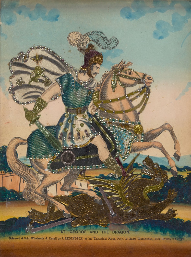 John Redington (1819-1876) (publisher), St George and the Dragon, circa 1850s. Tinsel print, heightened with watercolour and applied decoration. 28 x 21.5 cm. Private collection. On view at Cut and Paste 400 Years of Collage, until 27 October 2019. Scottish Gallery of Modern Art