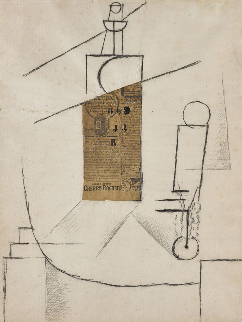 Pablo Picasso (1881-1973), Bouteille et Verre sur un Table (Bottle and Glass on a Table), 1912. Charcoal and collage on paper. 61.6 x 47 cm (framed 88.6 x 74.5 cm). National Galleries of Scotland, Purchased (Henry and Sula Walton fund) 2015. On view at Cut and Paste 400 Years of Collage, until 27 October 2019. Scottish Gallery of Modern Art