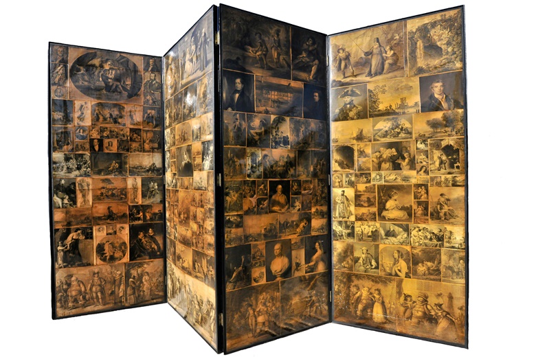 William Macready (1793-1873) and Charles Dickens (1812- 1870), Folding Scrap-work Screen, c. 1860. Four-leaf, folding collaged screen featuring approximately 400 engravings on folding screen (both sides), 202 x 77.5 cm each panel (202 x 310 cm fully stretched); about 280 cm as presented. Friends of Sherborne House. Photography by Josie Elias. On view at Cut and Paste 400 Years of Collage,