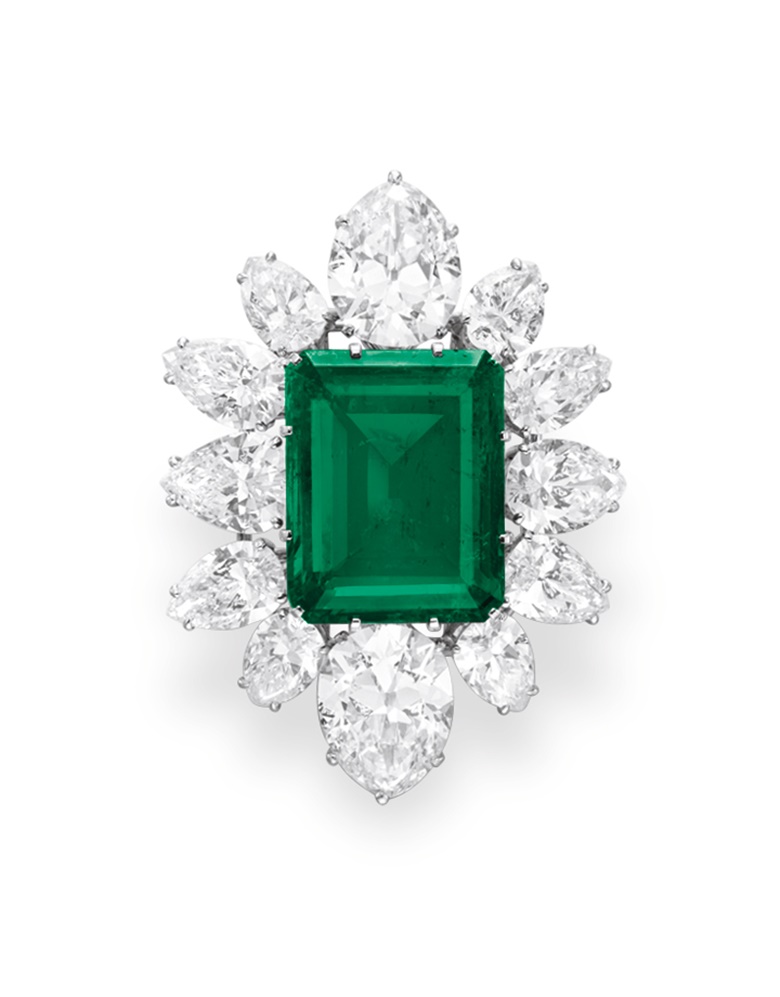 An emerald and diamond pendant brooch, by Bulgari. Sold for $6,578,500 on 13 December 2011 at Christie’s in New York