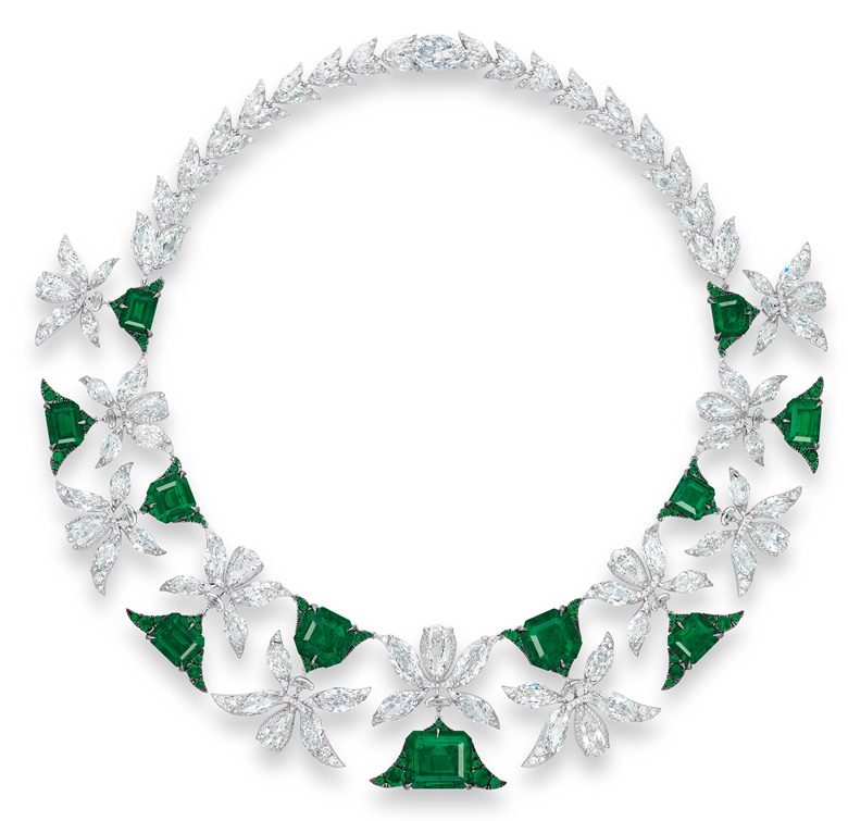 A magnificent emerald and diamond ‘Palmette’ necklace by Edmond Chin for the House of Boghossian. Sold for HK$46,460,000 on 30 May 2017 at Christie’s in Hong Kong
