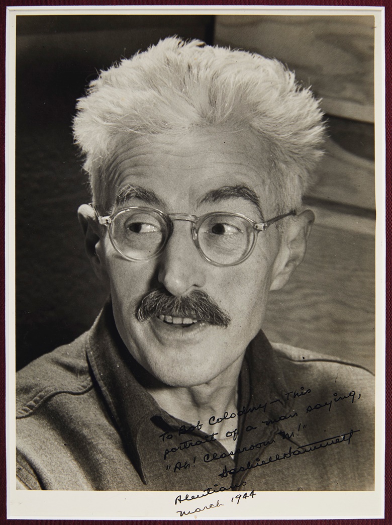 Dashiell Hammett (1894-1961). Silver gelatin black & white print, inscribed and signed (‘Dashiell Hammett’), Aleutian Islands, March 1944. A portrait of Hammett, inscribed to his army buddy. Estimate $3,000-5,000. Offered in Fine Printed Books and Manuscripts Including Americana on 25 October at Christie’s in New York